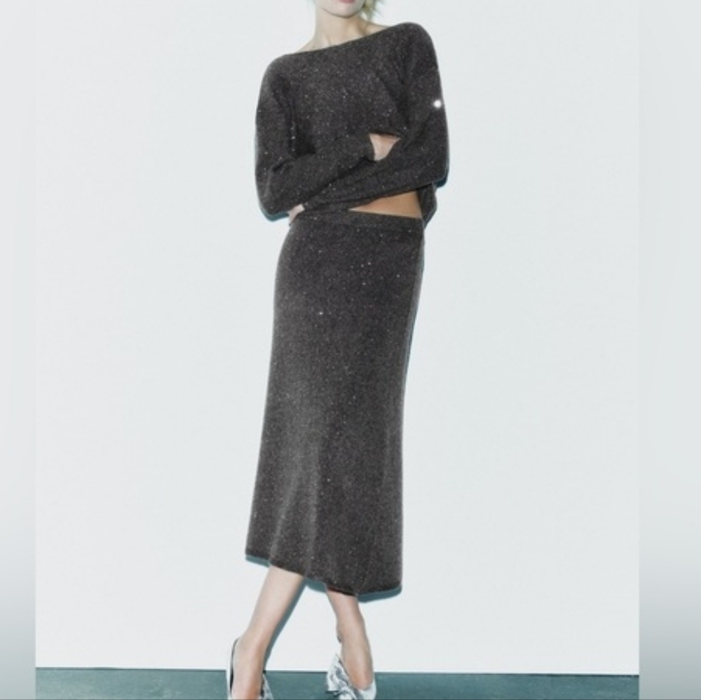 Zara Set sequin knit sweater v-back + A-line Midi Skirt taupe/brown  sz L NWT